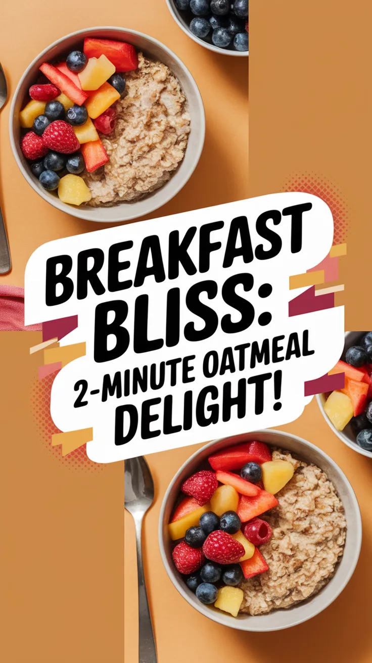 Bowl of lazy microwave instant oatmeal topped with canned mixed fruit including berries and mango.