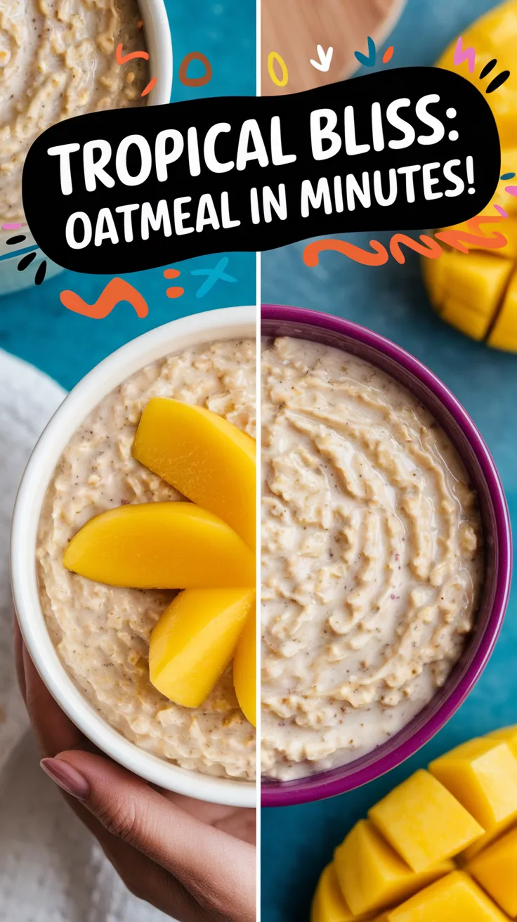 Bowl of lazy microwave instant oatmeal topped with canned mango slices
