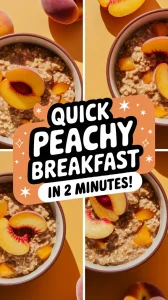 Bowl of lazy microwave instant oatmeal topped with canned peaches, a quick and delicious breakfast option.