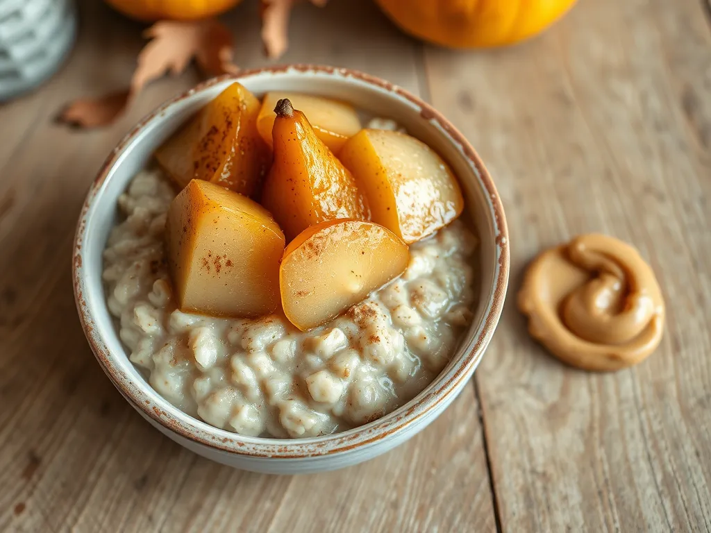 Bowl of lazy microwave instant oatmeal topped with canned pears and a swirl of peanut butter