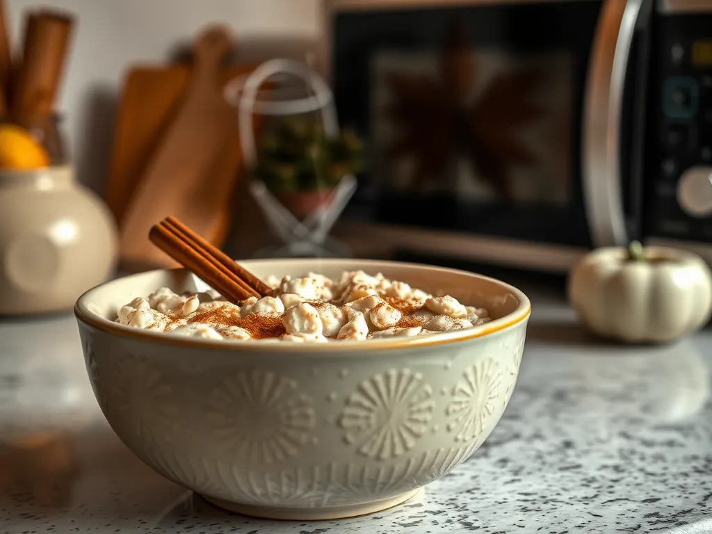 Bowl of lazy microwave instant oatmeal topped with cinnamon and a cinnamon stick, perfect for a quick breakfast.