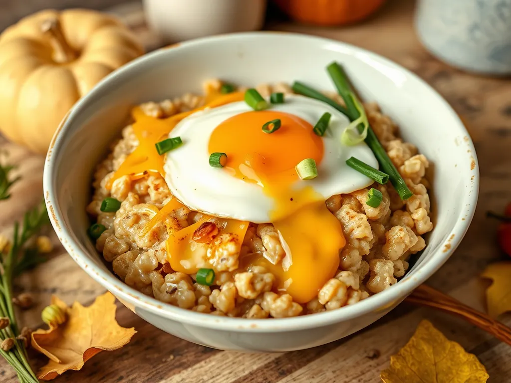 Savory microwave instant oatmeal topped with a poached egg and green onions