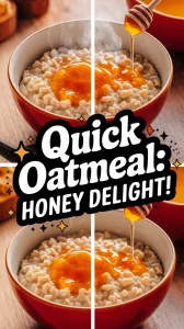 Bowl of lazy microwave instant oatmeal topped with a drizzle of honey.
