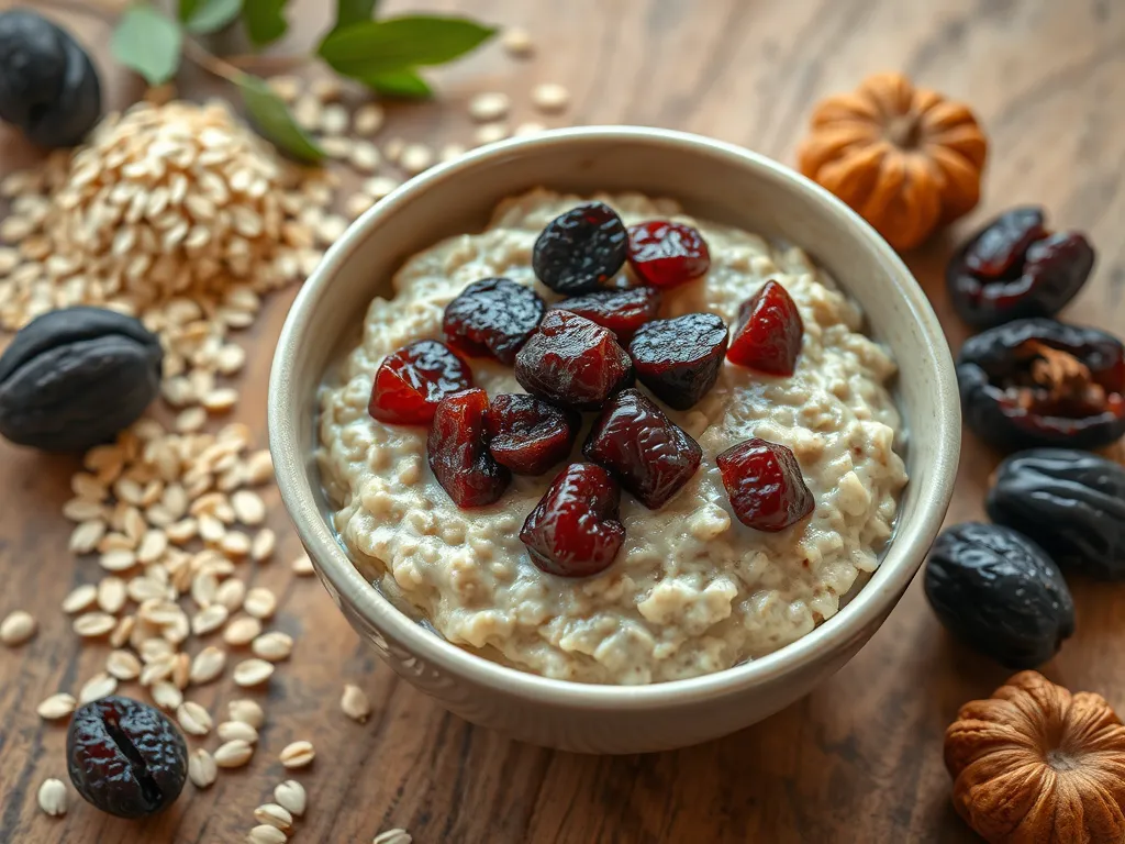 Bowl of lazy microwave instant oatmeal topped with canned prunes