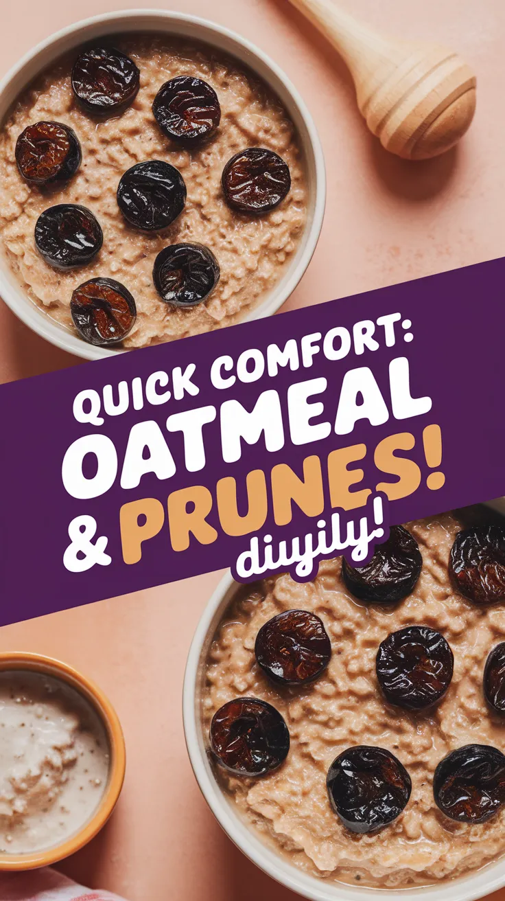 Bowl of lazy microwave instant oatmeal topped with canned prunes