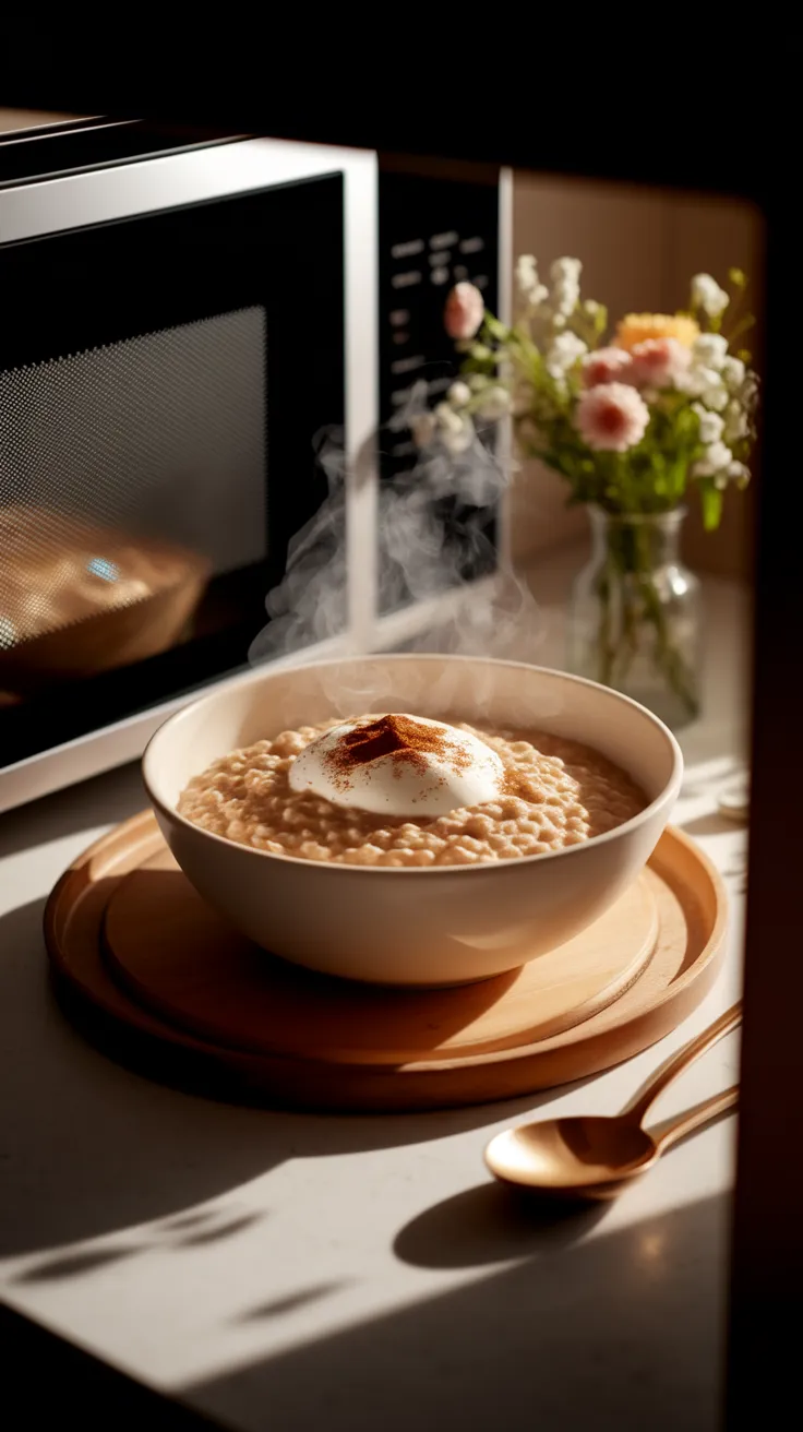 Bowl of lazy microwave instant oatmeal with raisins and a dollop of yogurt