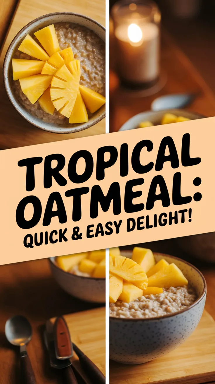 Bowl of lazy microwave instant oatmeal topped with canned tropical fruit.