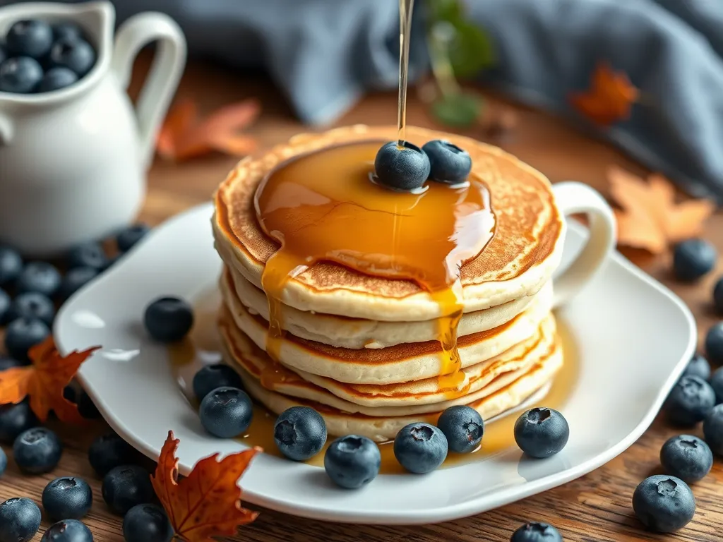 Fluffy pancakes topped with syrup and blueberries, perfect for lazy microwave instant pancake mix.