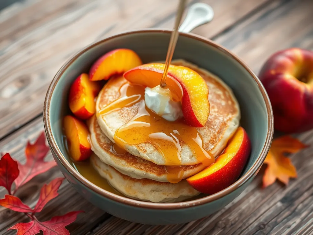 Delicious lazy microwave instant pancake mix served with canned peaches and syrup.