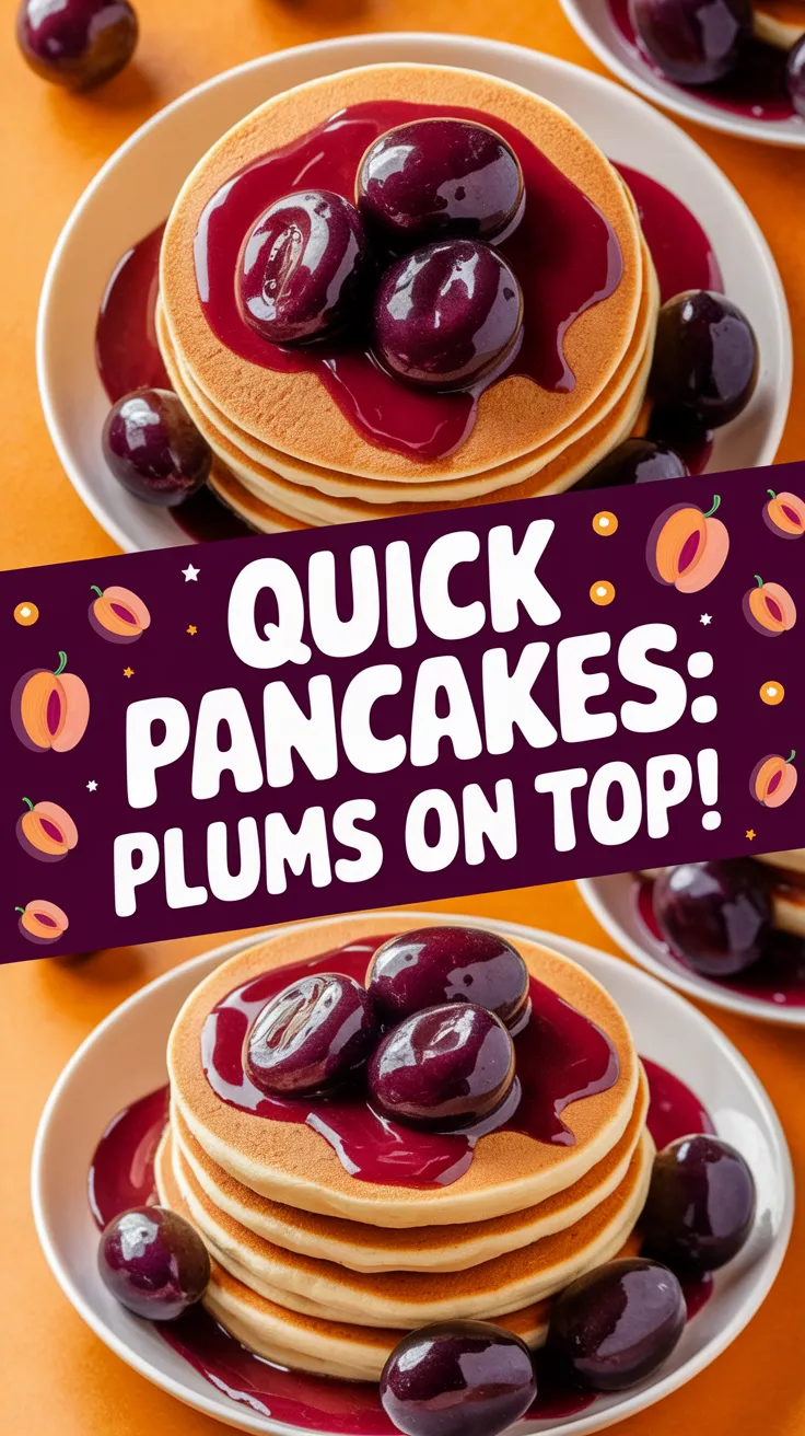 Stack of pancakes topped with canned plums and syrup for a quick breakfast