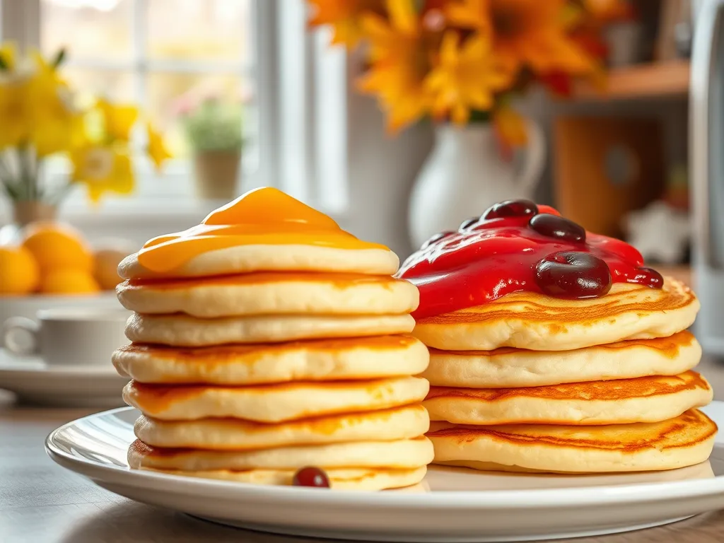 Stack of fluffy pancakes topped with bright jam, perfect for lazy breakfasts with instant pancake mix.