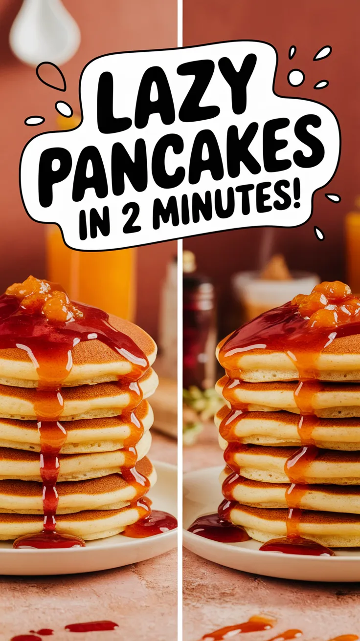 Stack of lazy microwave instant pancakes topped with jam for quick breakfast