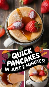 Delicious lazy microwave instant pancakes in a mug topped with strawberries and syrup
