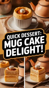 Delicious lazy microwave instant pancake mix mug cake topped with syrup and whipped cream.