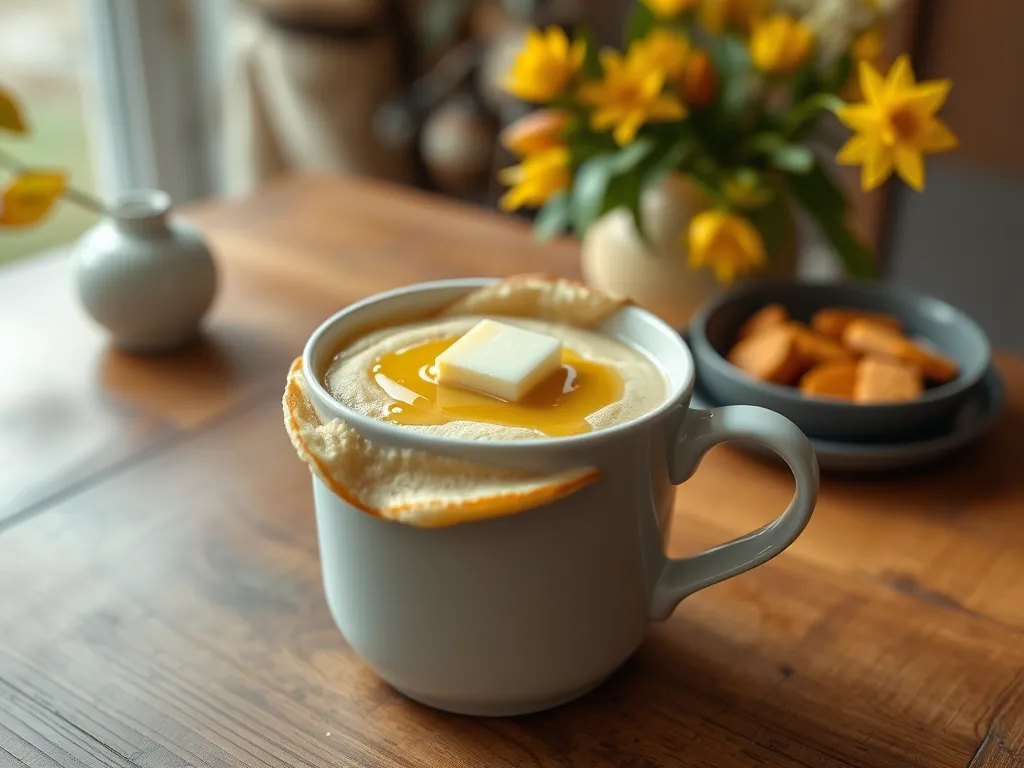 Delicious lazy microwave instant pancake mug topped with butter, ideal for quick cooking.