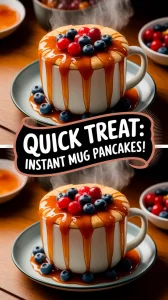 Delicious lazy microwave instant pancake mug topped with syrup and berries