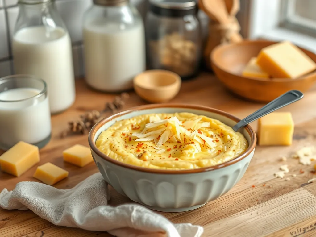 Delicious lazy microwave instant polenta topped with cheese and spices