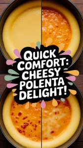 Creamy lazy microwave instant polenta topped with melted cheese, showcasing a quick comfort dish.