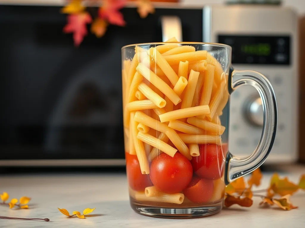 Microwave mug filled with macaroni and canned tomatoes for lazy mac and cheese
