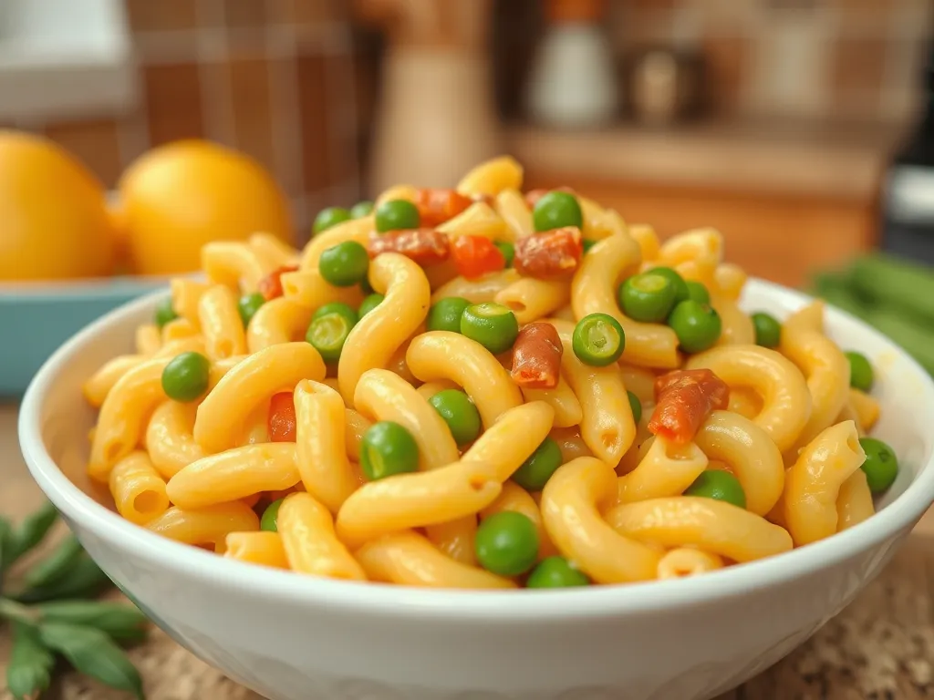 Lazy microwave boxed mac and cheese mixed with canned peas for a quick meal.