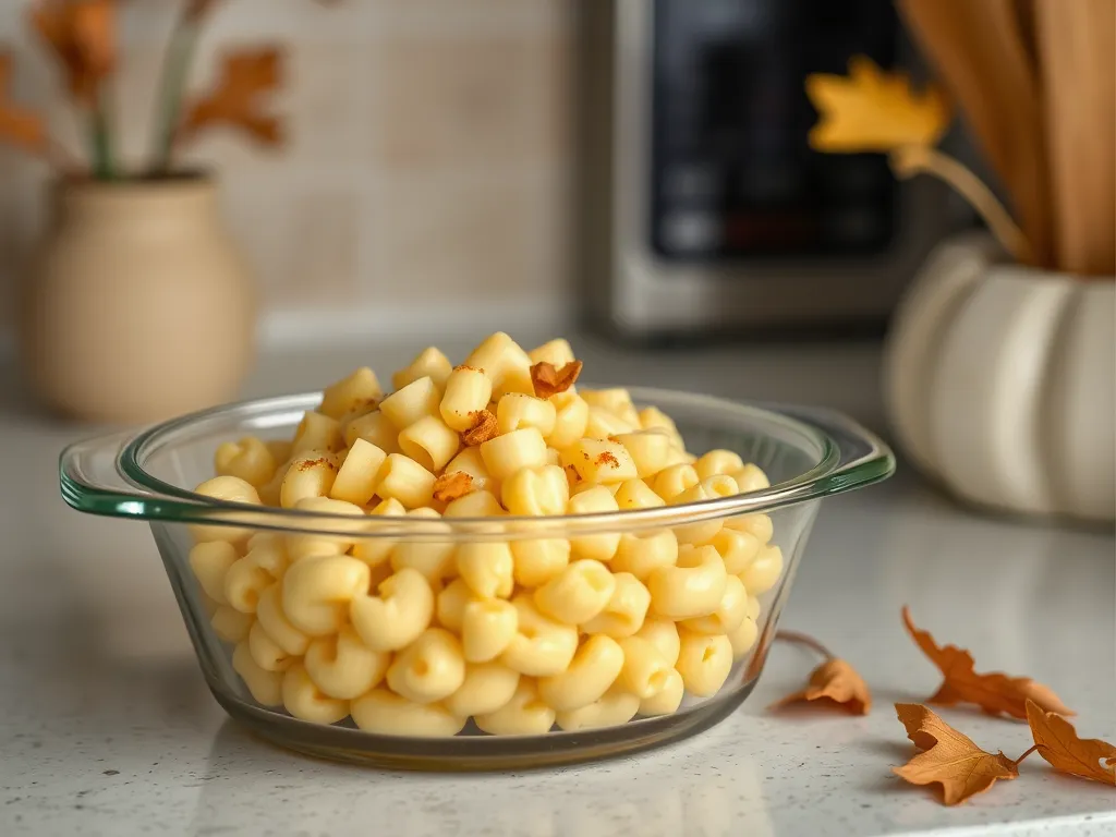 Lazy microwave boxed mac and cheese with diced turnips in a glass bowl