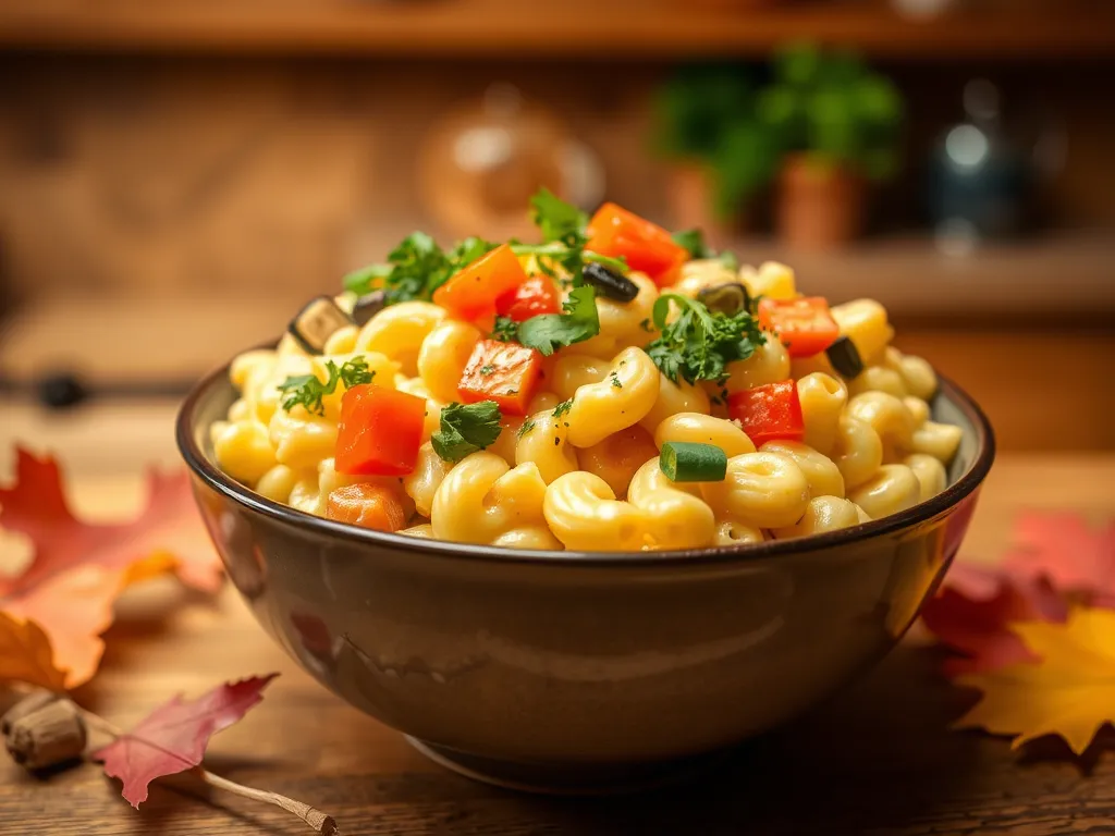 A delicious bowl of lazy microwave boxed mac and cheese with colorful canned mixed veggies, perfect for a quick meal.