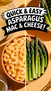 A bowl of lazy microwave boxed mac and cheese served with diced canned asparagus, showcasing a quick meal option.