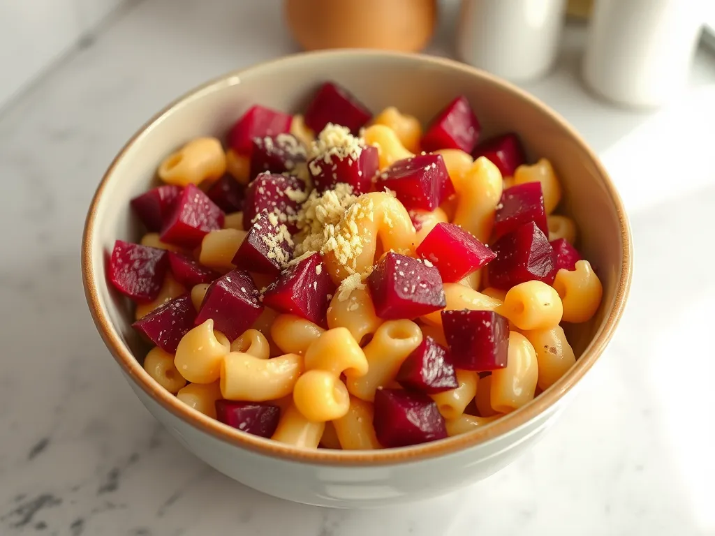 Bowl of lazy microwave boxed mac and cheese topped with diced canned beets.