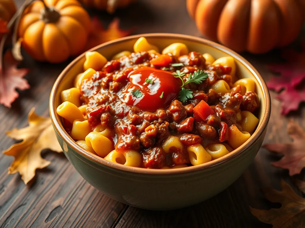 A bowl of lazy microwave boxed mac and cheese topped with canned chili and fresh ingredients.