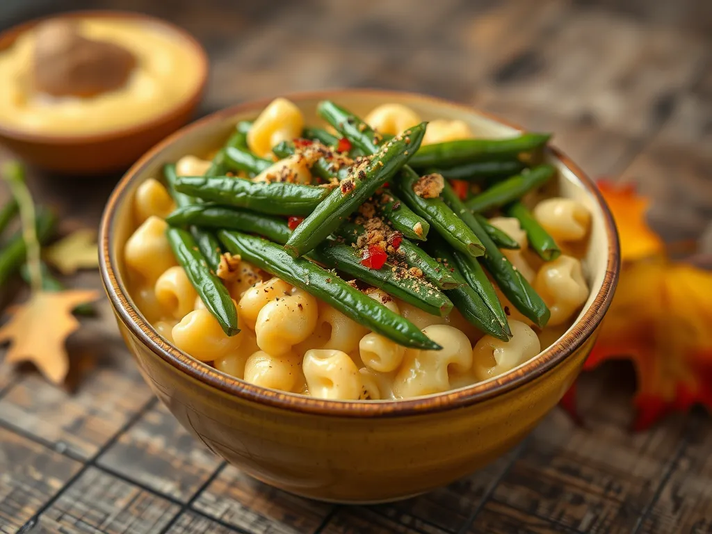 A bowl of lazy microwave boxed mac and cheese topped with canned green beans and spices.
