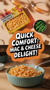 Bowls of lazy microwave boxed mac and cheese with canned green beans for a quick meal