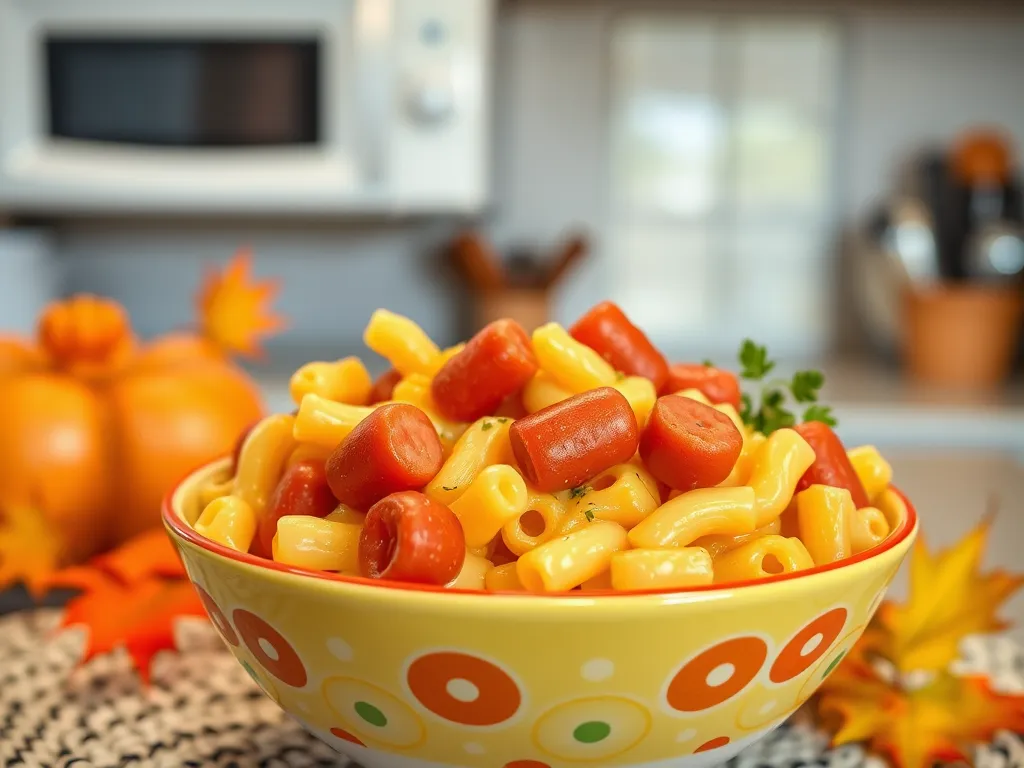 Bowl of lazy microwave boxed mac and cheese with sliced hot dogs