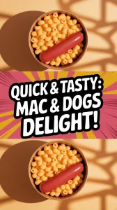 A bowl of microwave boxed mac and cheese with hot dogs, perfect for a quick meal.