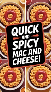 Microwave boxed mac and cheese topped with hot sauce, perfect for a quick meal.