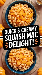 Bowl of lazy microwave boxed mac and cheese topped with canned diced squash, offering a creamy and quick meal.