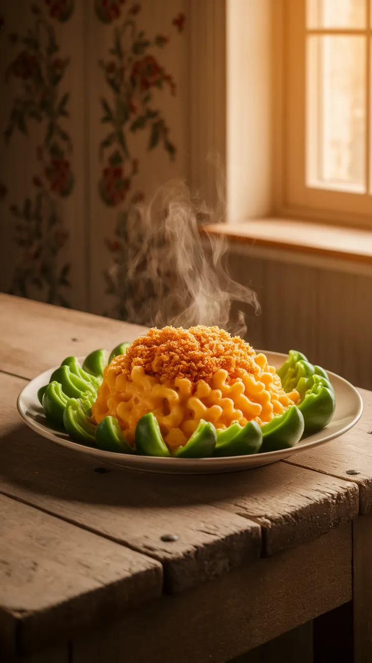 A steaming plate of lazy microwave boxed mac and cheese served with canned mixed veggies.
