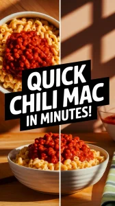 A bowl of lazy microwave boxed mac and cheese topped with canned chili, showcasing a quick meal idea.