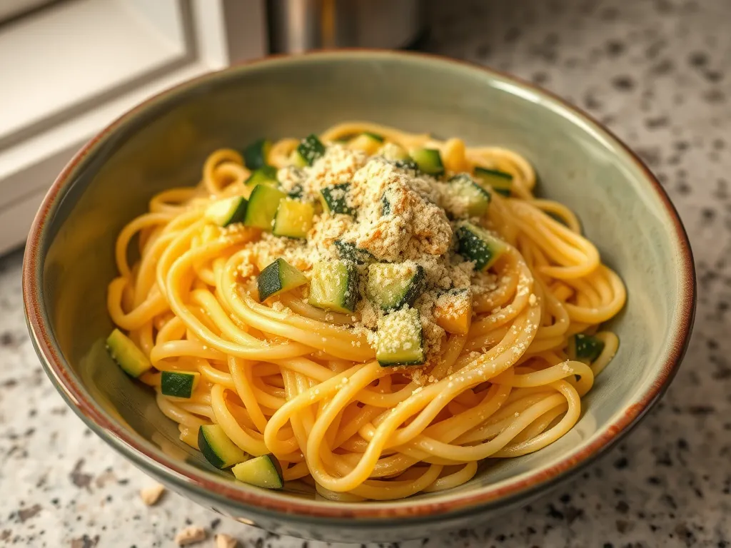 Bowl of lazy microwave boxed mac and cheese topped with canned diced zucchini.
