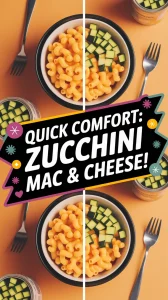 Bowl of lazy microwave boxed mac and cheese topped with diced zucchini for a quick meal.