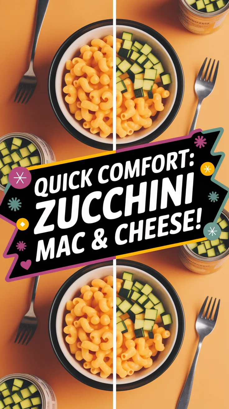 Bowl of lazy microwave boxed mac and cheese topped with diced zucchini for a quick meal.