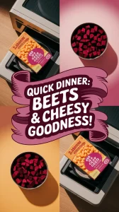 Boxed mac and cheese with canned diced beets prepared in a microwave.