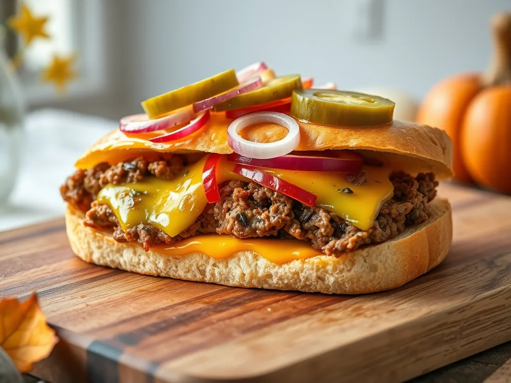 A lazy microwave pre-cooked meatloaf sandwich with cheddar cheese, pickles, and onions.