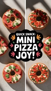 Delicious mini pizza bagels topped with pepperoni and green toppings, perfect for a quick snack.
