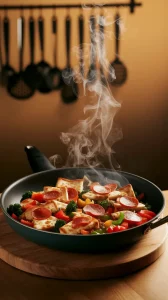 A delicious stir-fry featuring mini pizzas with pepperoni, vegetables, and steam rising.