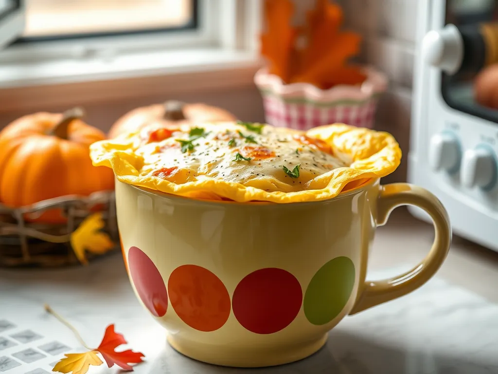 Delicious lazy microwave mug omelet with leftovers, topped with herbs, in a colorful mug.