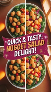 Delicious salad topped with crispy frozen chicken nuggets, perfect for a quick meal.