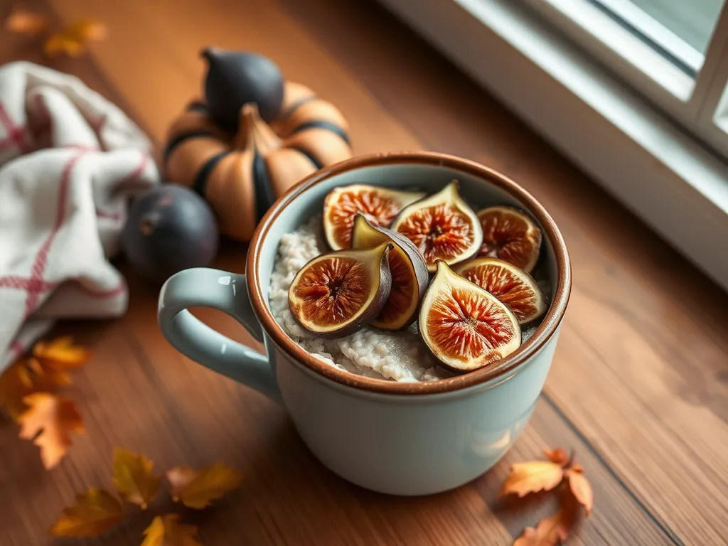 Bowl of lazy microwave instant oatmeal topped with canned figs.