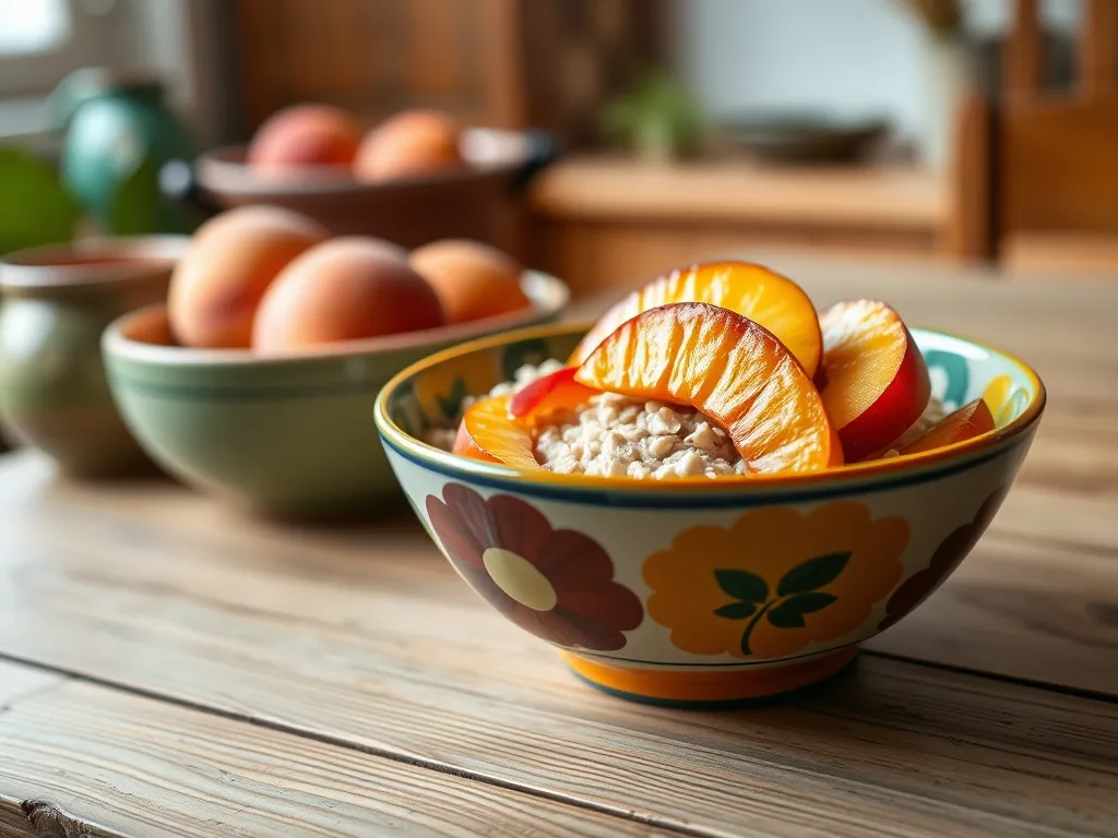 Bowl of lazy microwave instant oatmeal topped with sliced canned peaches