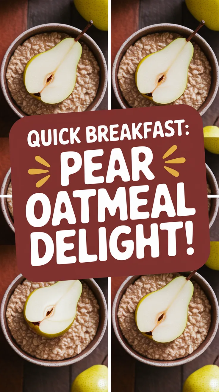 Bowl of lazy microwave instant oatmeal topped with canned pears for a quick and easy breakfast