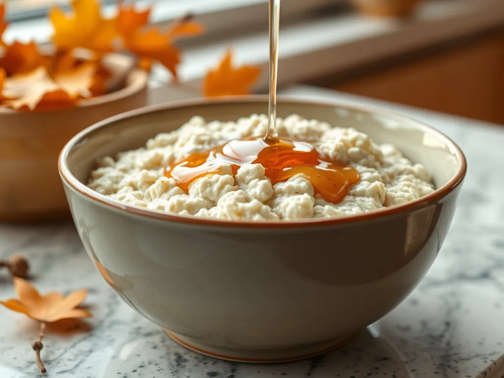 Bowl of lazy microwave instant oatmeal topped with honey for a quick breakfast.
